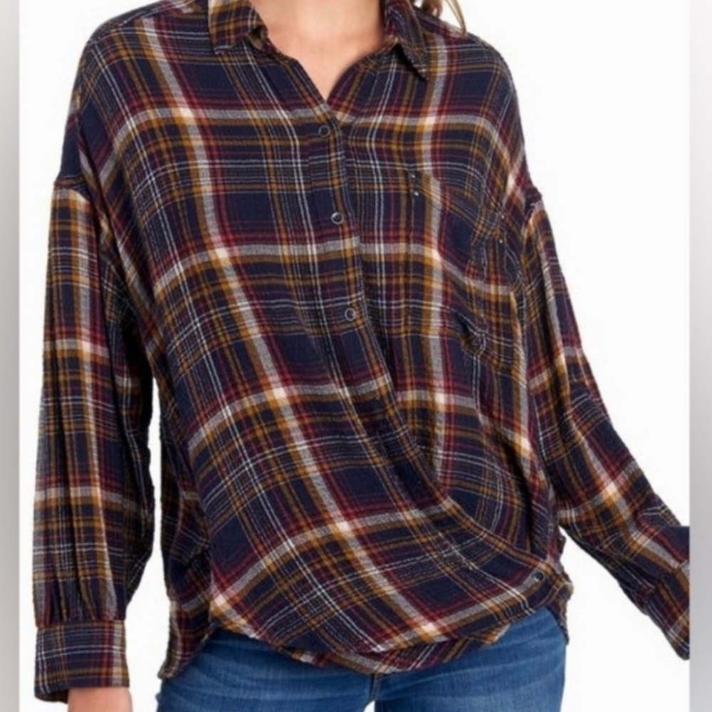 Free People Cozy Plaid Shirt We The Free Waffle Knit Valley Button Down Med - Picture 1 of 4